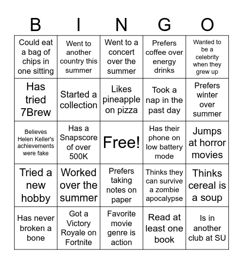 APO Back-To-School Bingo Card