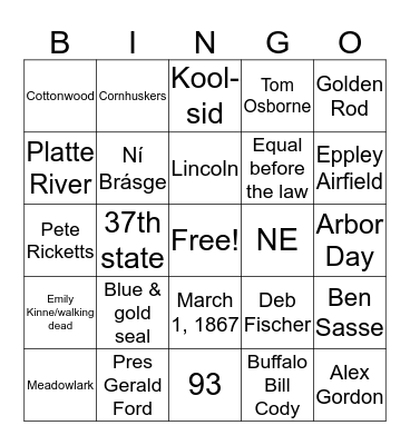 Nebraska Bingo Card