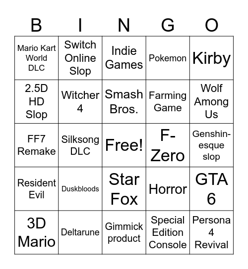 Nintendo Direct Bingo Card