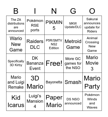 Nintendo Direct 9/9/2026 Bingo Card