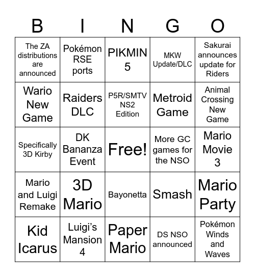 Nintendo Direct 9/9/2026 Bingo Card