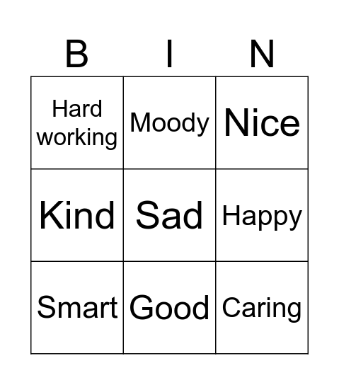 Personality Descriptions Bingo Card