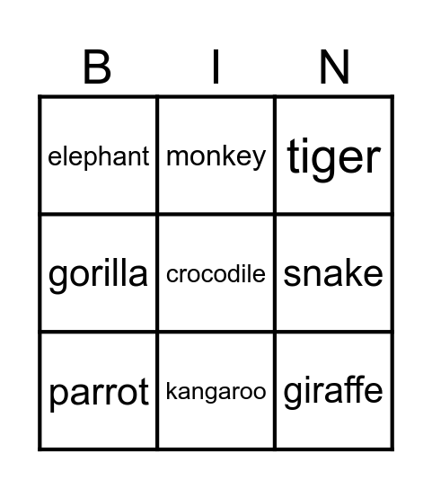 zoo animals Bingo Card
