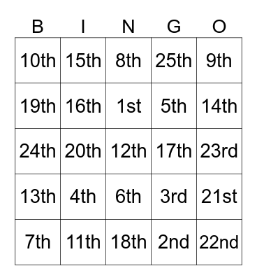 Ordinal numbers Bingo Card