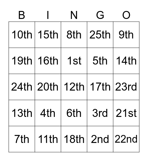 Ordinal numbers Bingo Card