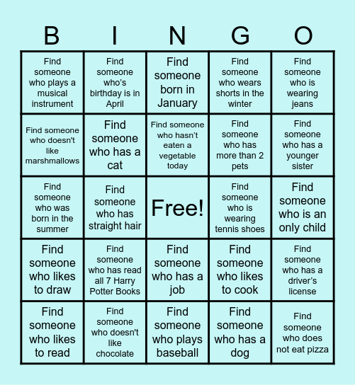 Getting to Know You Bingo Card