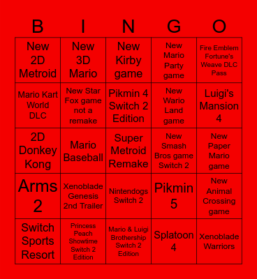 Nintendo Direct Bingo 9/9/2026 Bingo Card