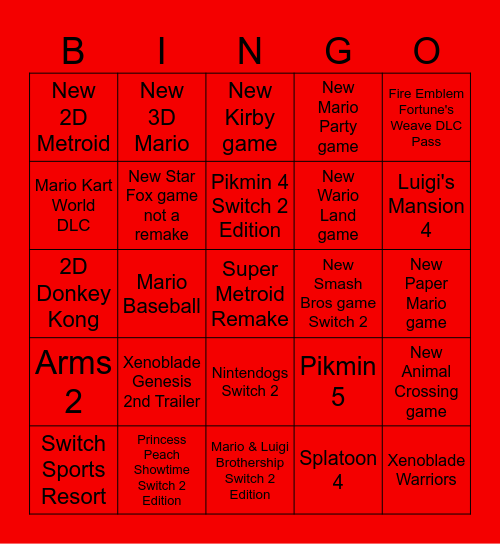 Nintendo Direct Bingo 9/9/2026 Bingo Card