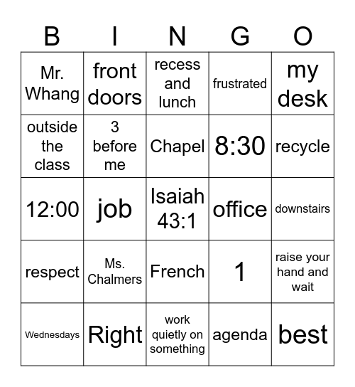 First Week Trivia Bingo Card