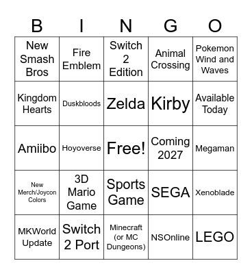 Nintendo Direct Sept26 Bingo Card