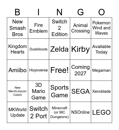 Nintendo Direct Sept26 Bingo Card