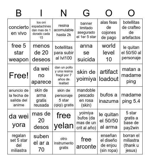 genshin 7.0 anniversary Bingo Card