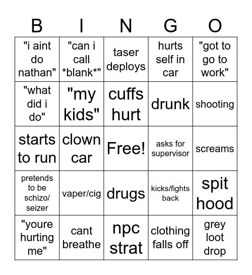 cop slop bingo Card