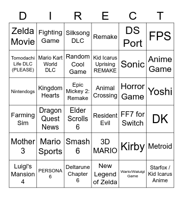Direct Wish List Bingo Card