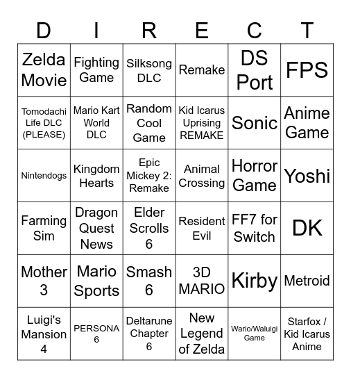 Direct Wish List Bingo Card