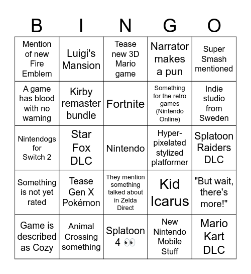 Nintendo Direct (September 2026) Bingo Card
