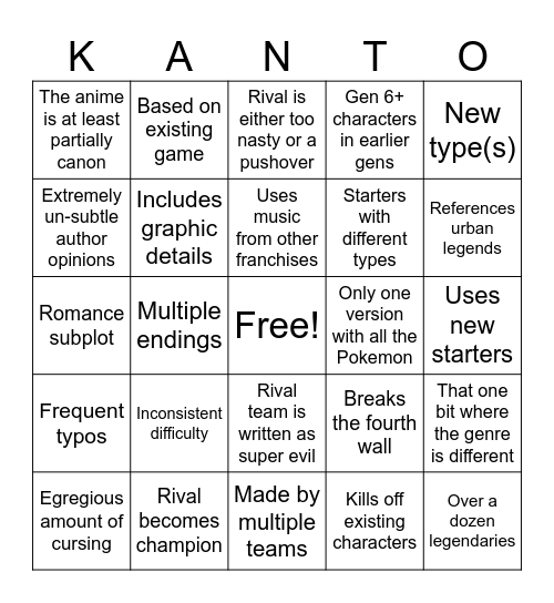 Pokemon Romhack Bingo Card