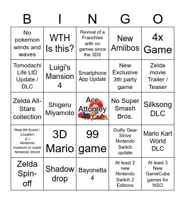 Nintendo Direct 09/2026 Bingo Card