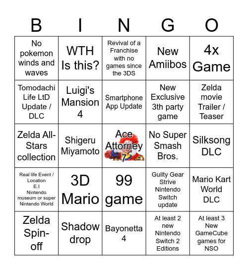 Nintendo Direct 09/2026 Bingo Card