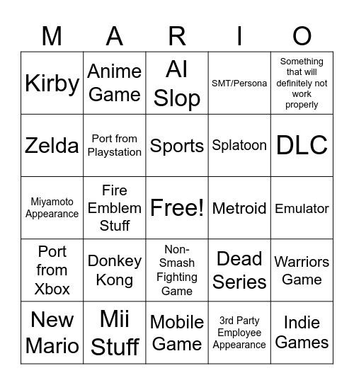 Nintendo Direct Sept. 9 2026 Bingo Card