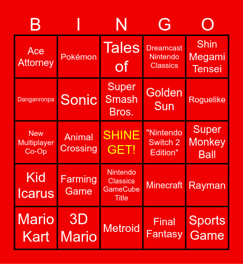 Nintendo Direct 9/9 Bingo Card