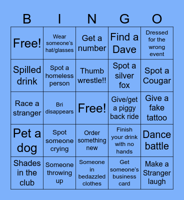 Night Out Bingo Card