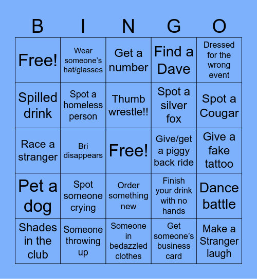 Night Out Bingo Card