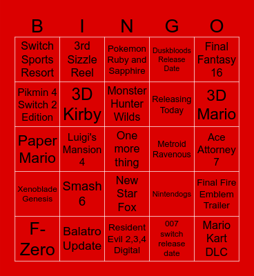 Nintendo Direct Bingo Card