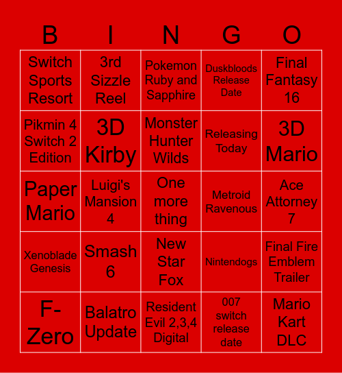 Nintendo Direct Bingo Card