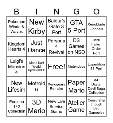 Nintendo Direct September 2026 Bingo Card