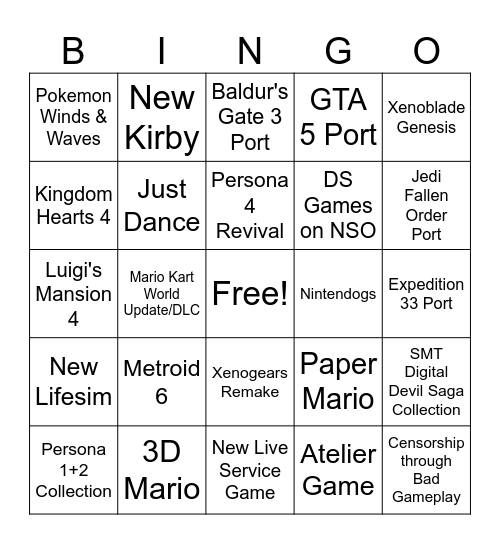 Nintendo Direct September 2026 Bingo Card
