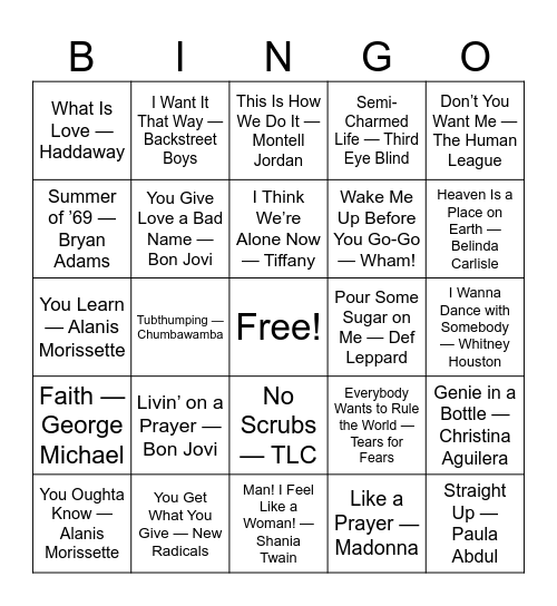 80s & 90s Sing-Alongs Bingo Card