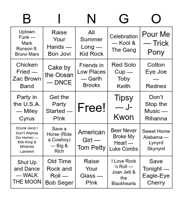 Bar Anthems & Party Favorites Bingo Card