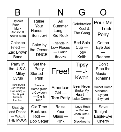 Bar Anthems & Party Favorites Bingo Card