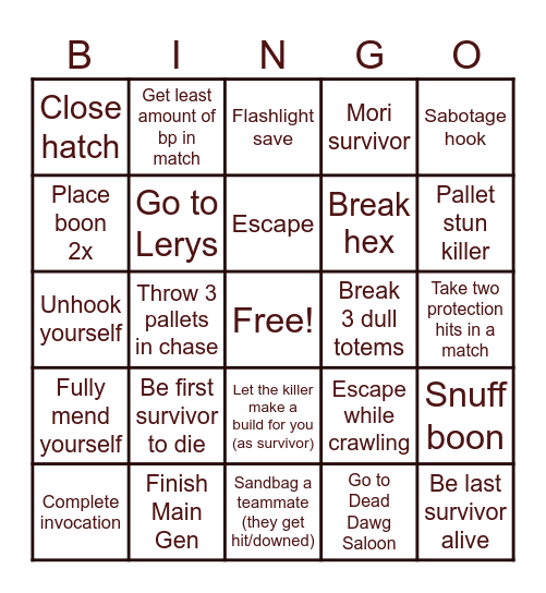 DBD League Season 3 Bingo Card