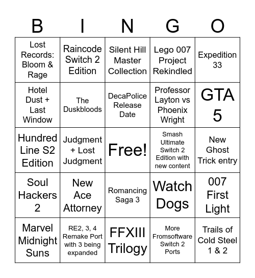 Nintendo Direct 9/9 Bingo Card