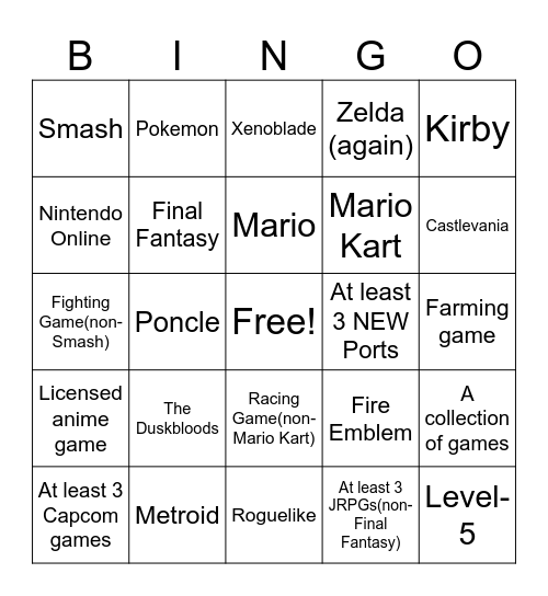 Nintendo Direct Bingo 9/9/2026 Bingo Card