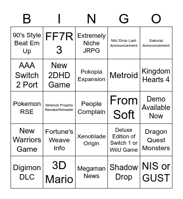 Nintendo Direct 09/26 Serious Bingo Card