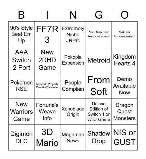 Nintendo Direct 09/26 Serious Bingo Card