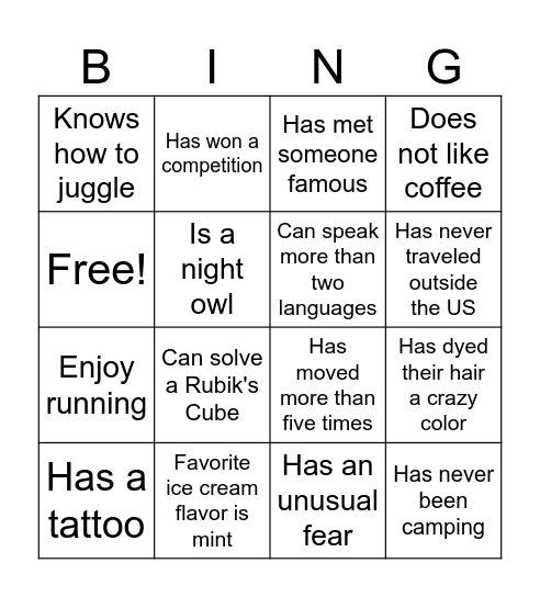 Ice Breaker Bingo! Find someone who... Bingo Card