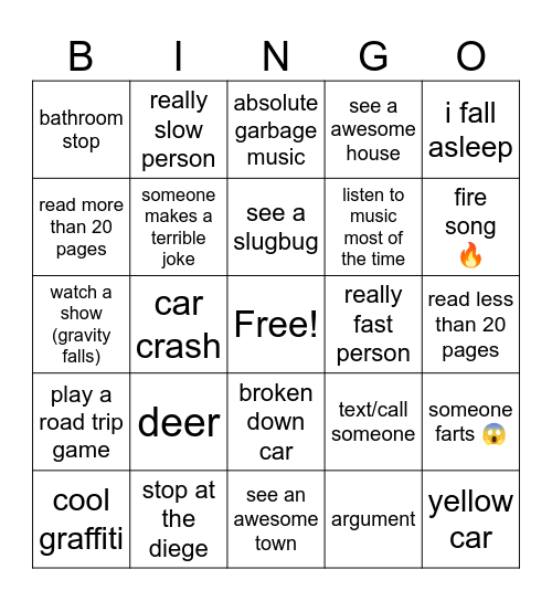 Road trip bingo Card
