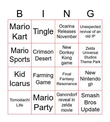Zelda & Nintendo Direct Bingo Card