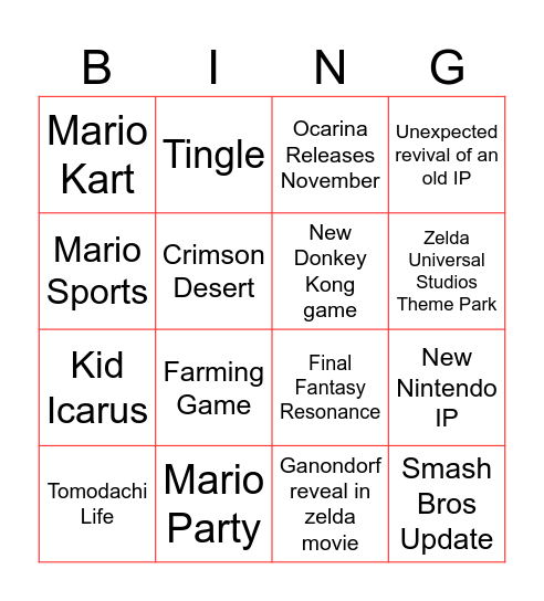 Zelda & Nintendo Direct Bingo Card