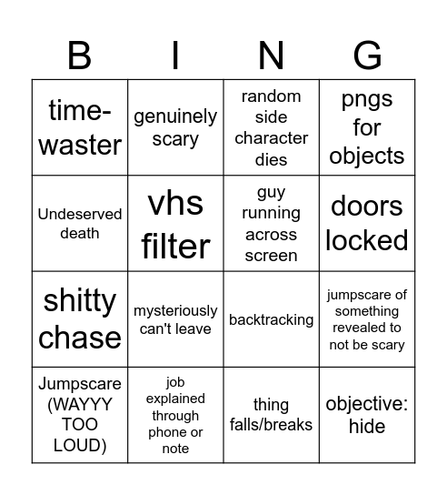 Shitty horror game tropes Bingo Card