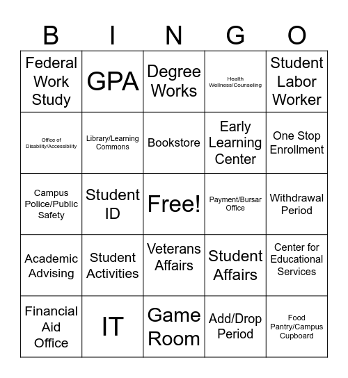Campus Lingo Bingo Card