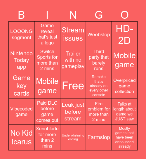Nintendo Direct but real Bingo Card