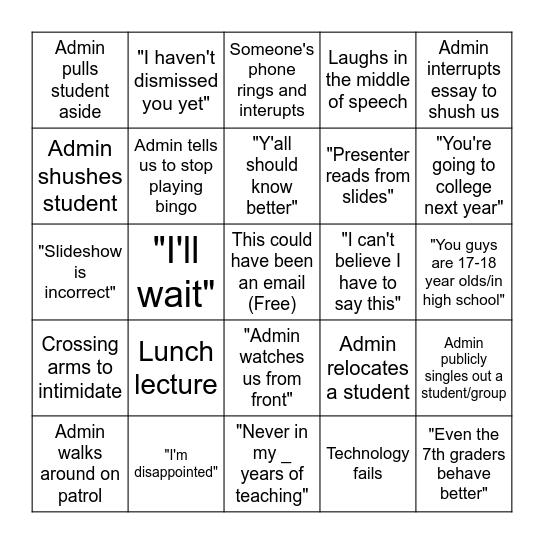 Assembly Bingo Card