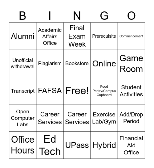 Campus Lingo Bingo Card