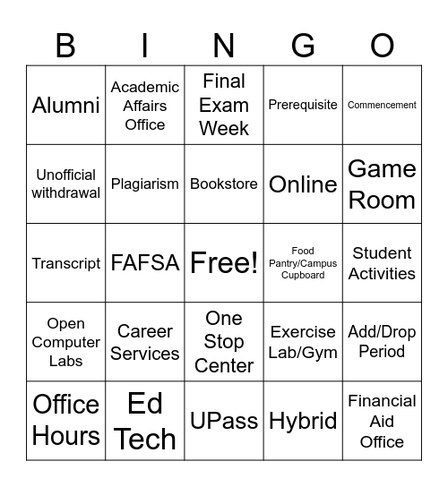 Campus Lingo Bingo Card