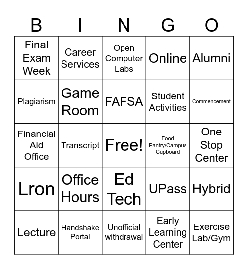 Campus Lingo Bingo Card